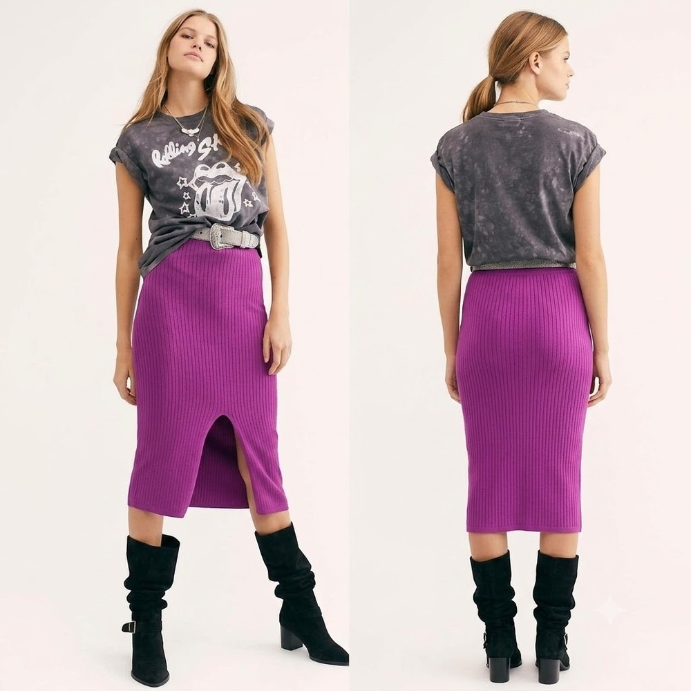 Free People Skyline‎ Women Medium Purple Ribbed Knit Front Slit Midi Skirt Boho